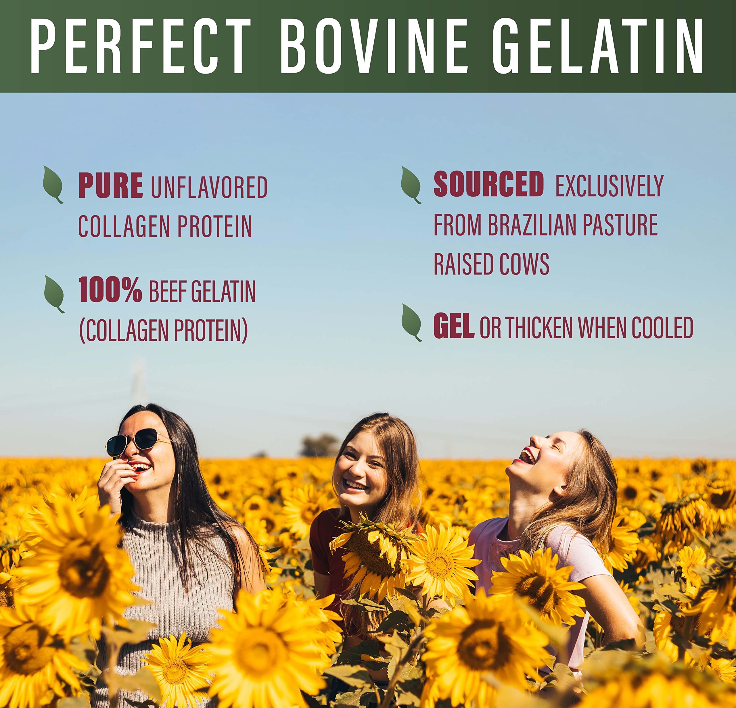 Perfect Supplements bovine gelatin packaging emphasizes grass-fed beef and purity.