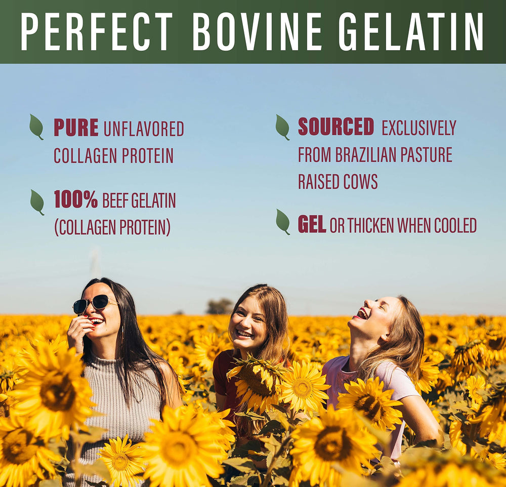 Perfect Supplements bovine gelatin packaging emphasizes grass-fed beef and purity.