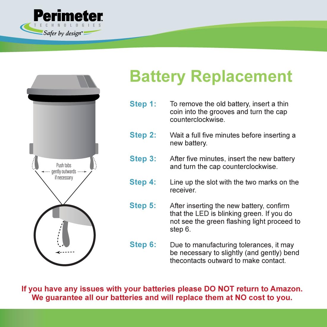 Perimeter Technologies four-pack battery image showing waterproof seal for collar safety.