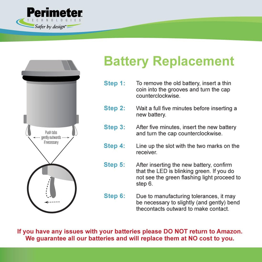 Perimeter Technologies four-pack battery image showing waterproof seal for collar safety.