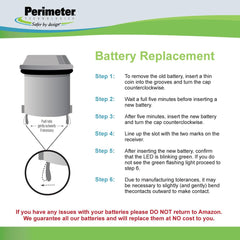 Perimeter Technologies four-pack battery image showing waterproof seal for collar safety.