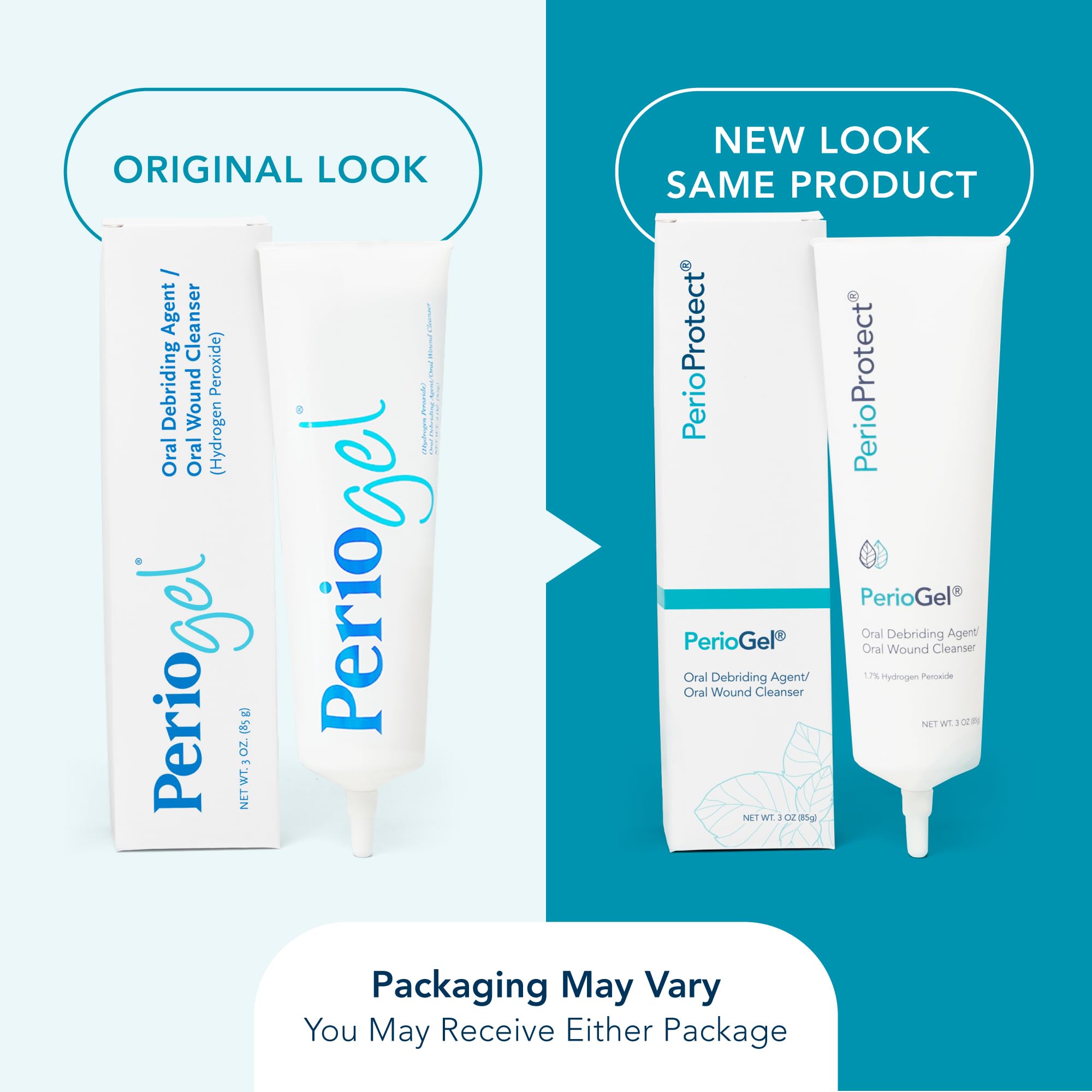 Close-up of Perio Gel bottle highlighting targeted peroxide gel for gum care.