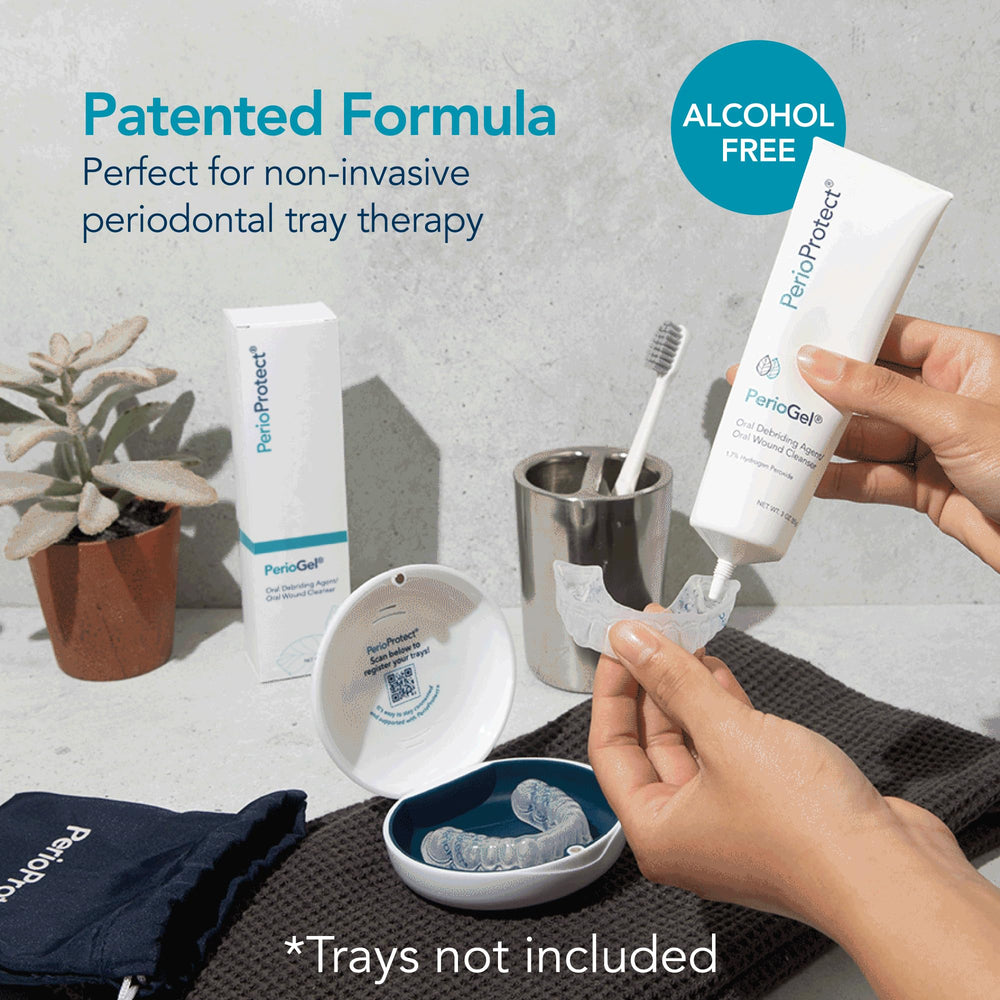 Perio Gel bottle and label signaling whitening-friendly, non-invasive treatment.