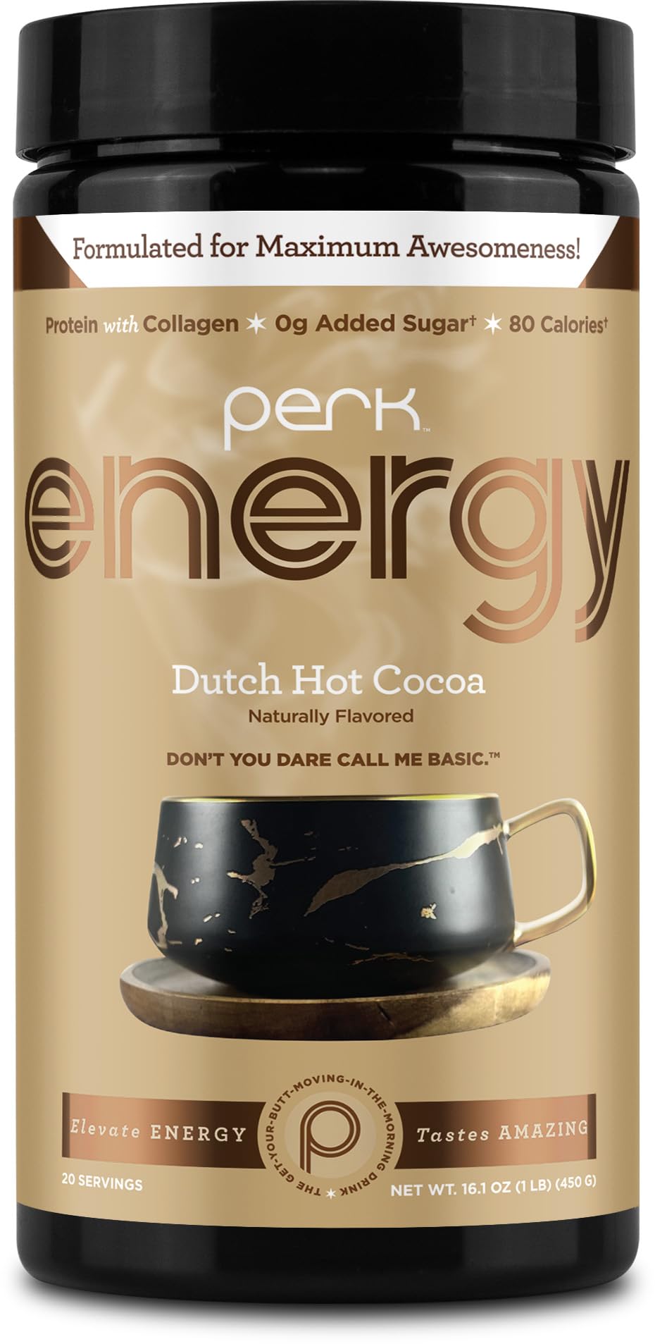 Perk Energy Dutch Hot Cocoa tub front for quick, flavorful caffeine boost