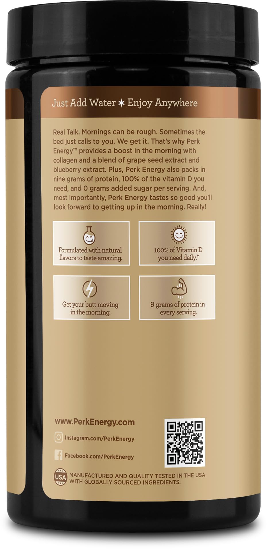 Perk Energy gluten-free soy-free peanut-free label highlights allergen-friendly recipe