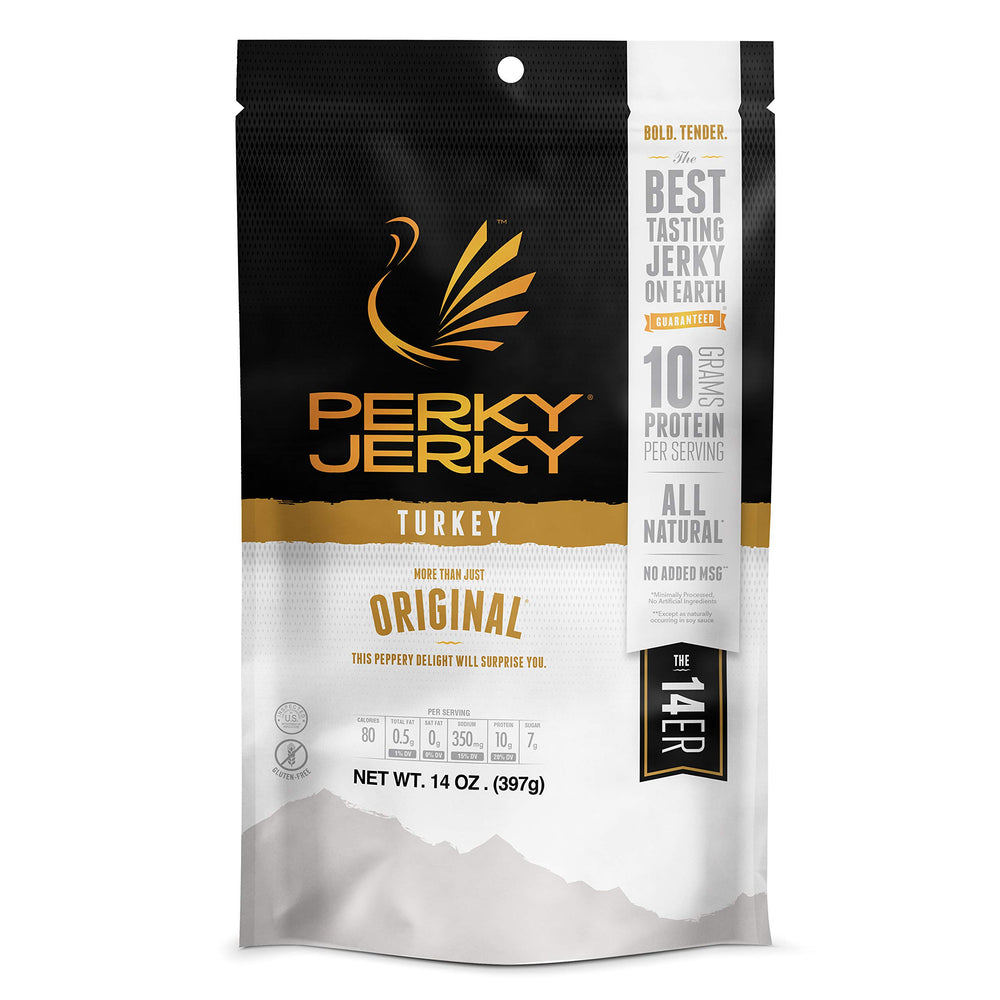 Perky Jerky Original Turkey Jerky 14oz bag, bold flavor for on-the-go snacking.