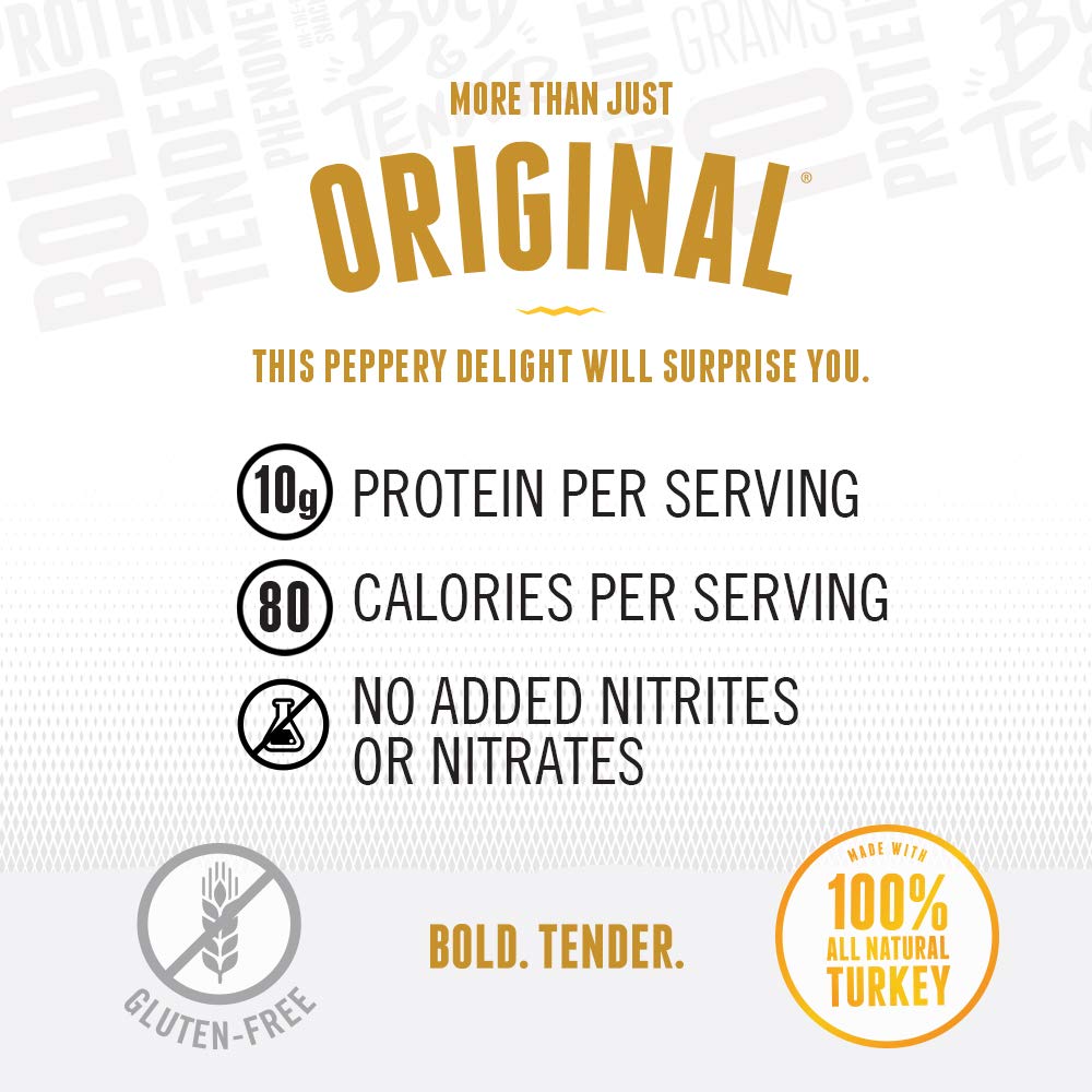Perky Jerky Original Turkey Jerky bag view showcasing bold flavor and 100% U.S. sourcing.