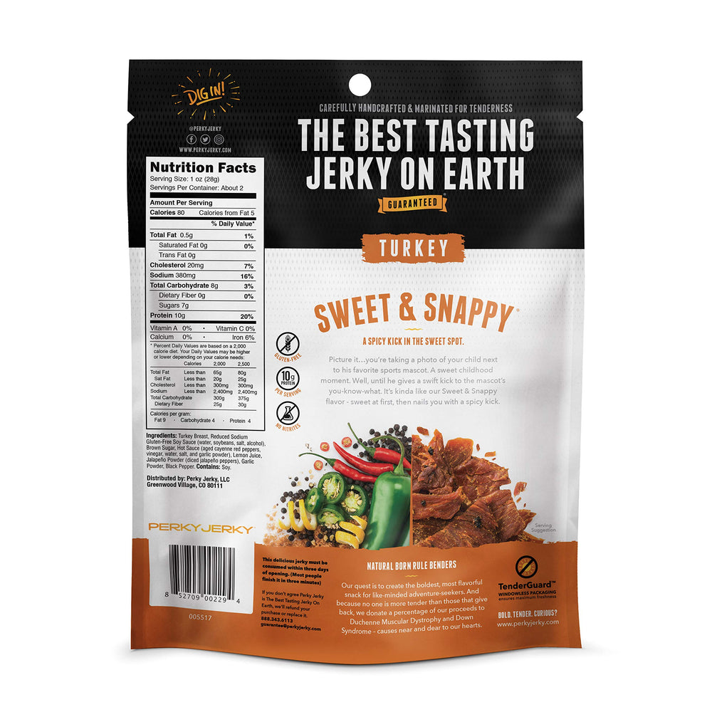 Perky Jerky Turkey Jerky Variety Pack bags on shelf for easy selection