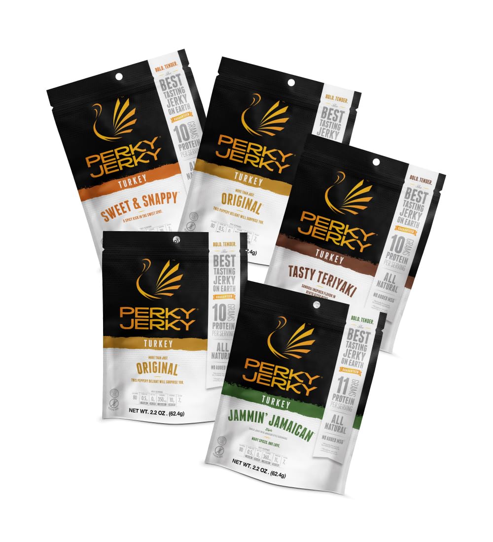 Perky Jerky Turkey Jerky Variety Pack front view highlights portable protein snack
