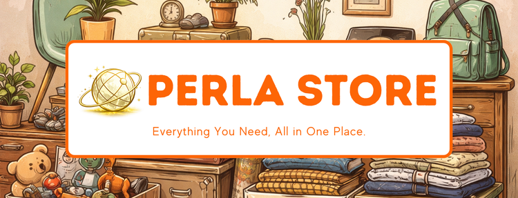 Illustrated store interior with 'Perla Store' logo and tagline.