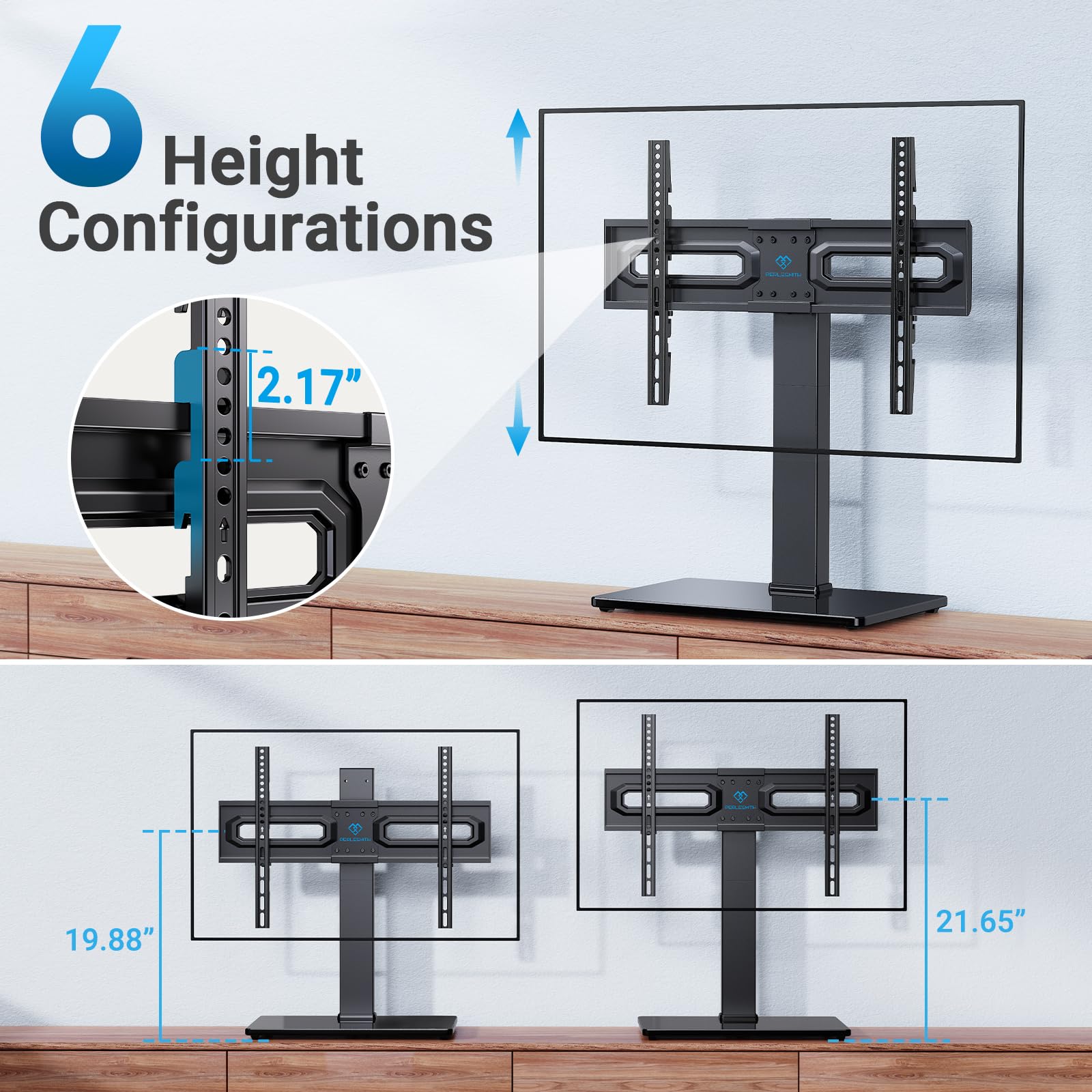 PERLESMITH PSTVS35 height-adjustment plate positions TV for ideal soundbar clearance.