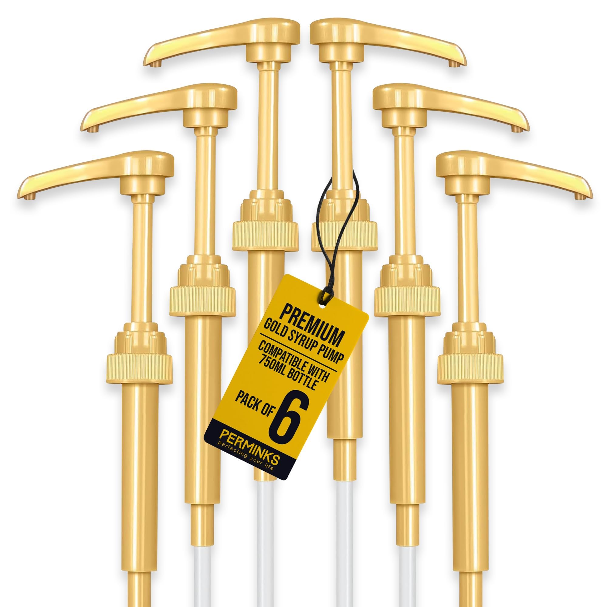 PERMINKS gold six-pack syrup pumps for precise home flavoring