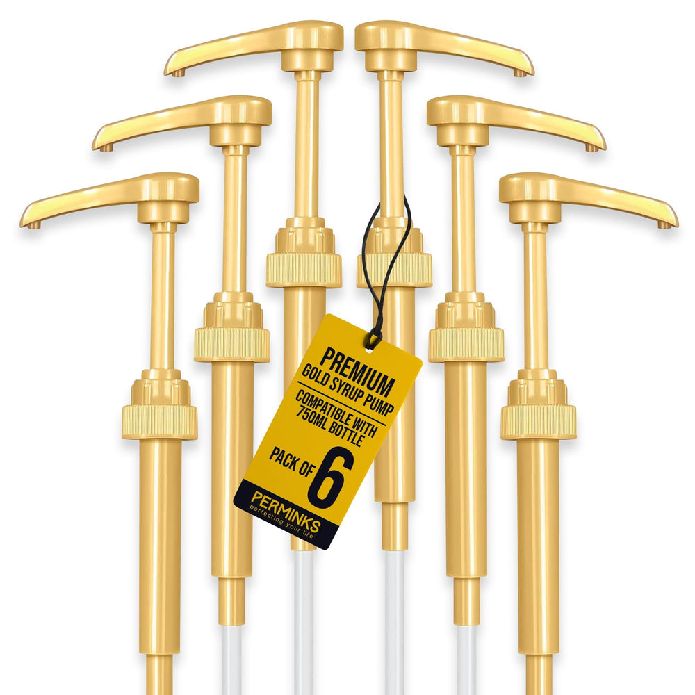 PERMINKS gold six-pack syrup pumps for precise home flavoring