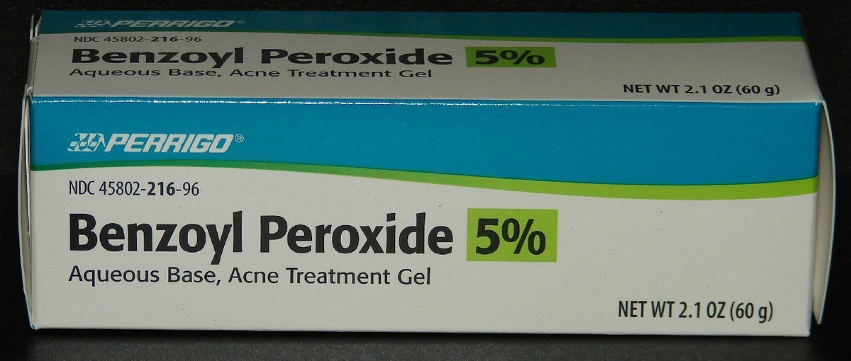 Perrigo benzoyl peroxide acne treatment gel tube for targeted acne care and clearer skin.