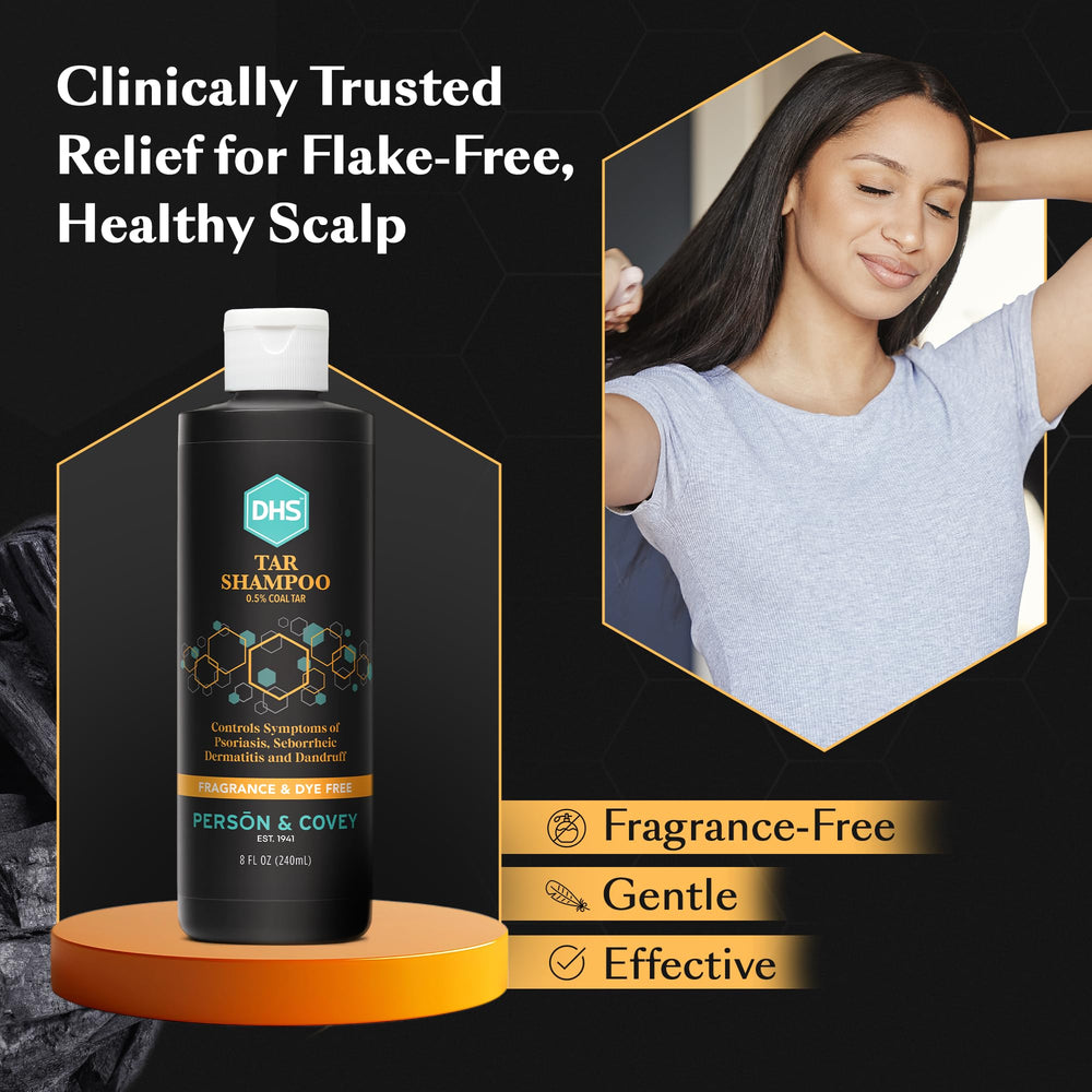 User applies gentle lather from Person & Covey DHS Tar Shampoo on scalp.