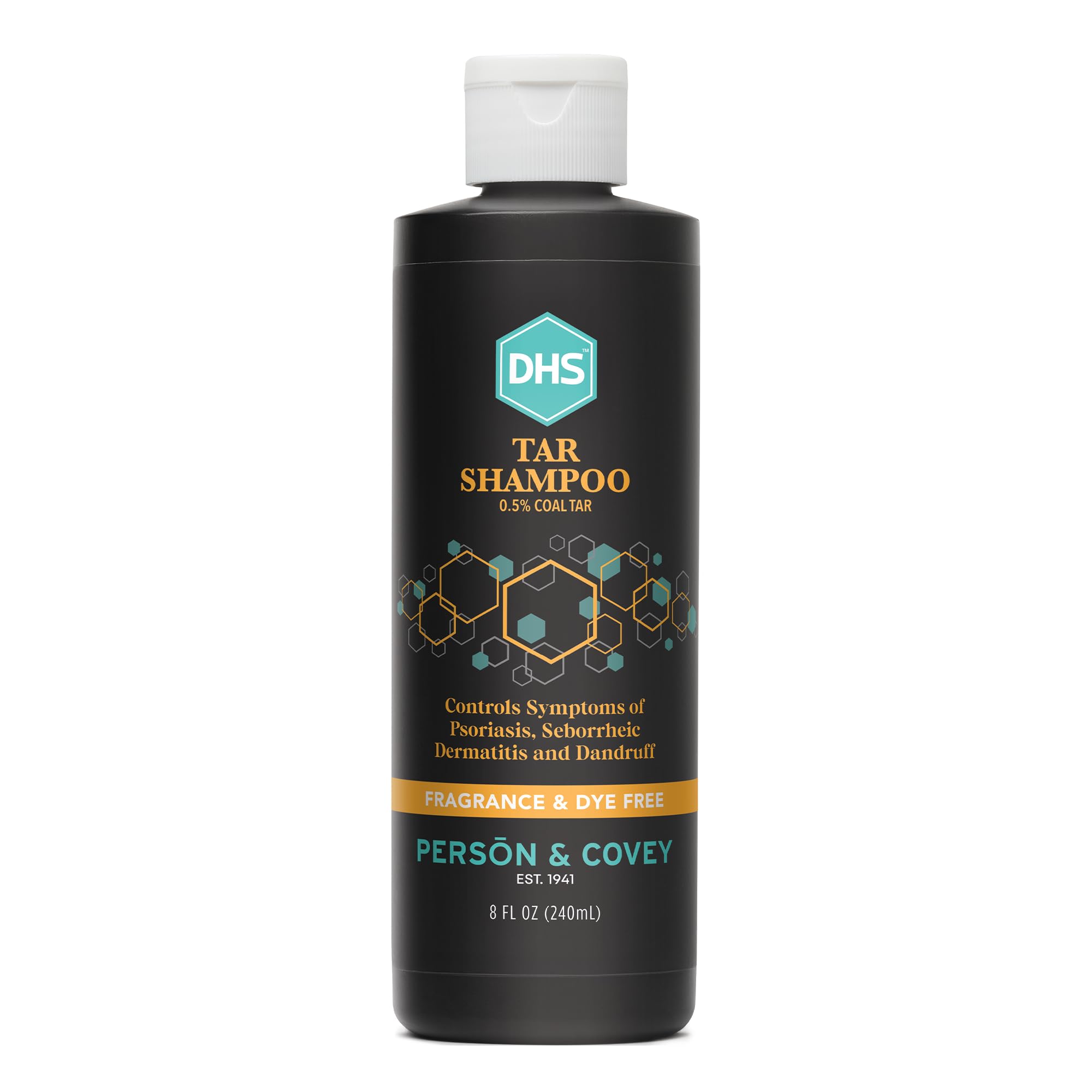 Person & Covey DHS Tar Shampoo bottle front highlights fragrance-free scalp care.