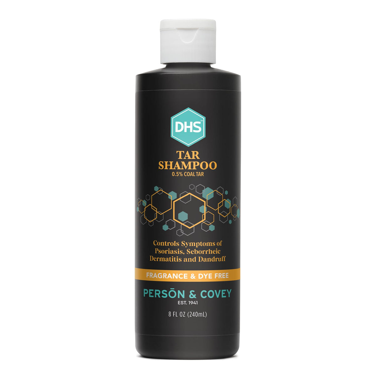 Person & Covey DHS Tar Shampoo bottle front highlights fragrance-free scalp care.