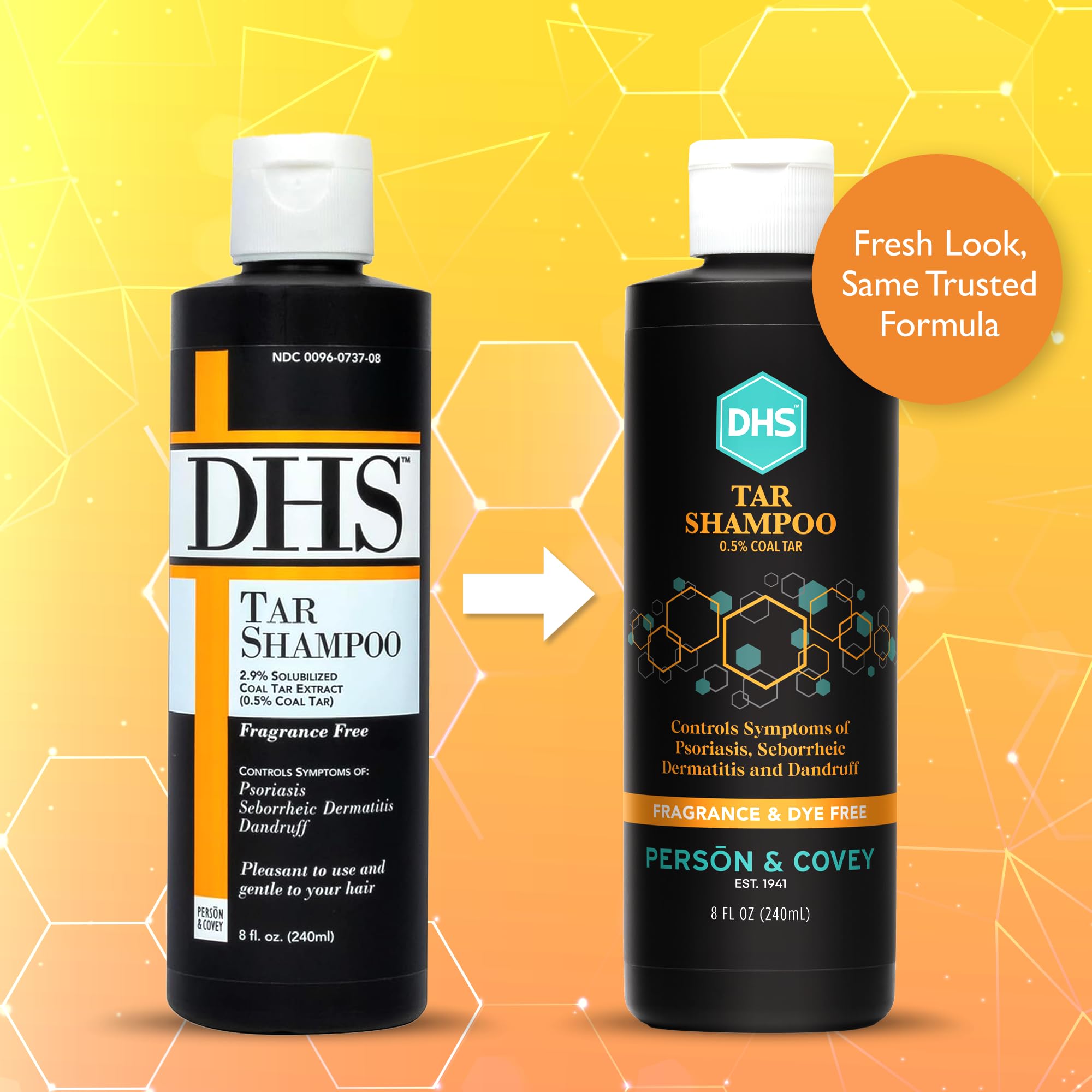Label close-up on Person & Covey DHS Tar Shampoo shows 8-ounce bottle.