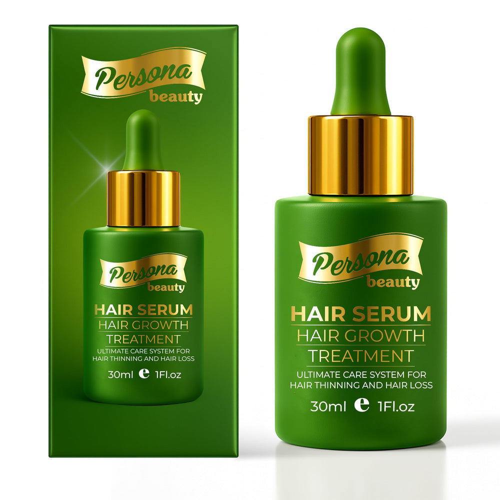 Persona Beauty Hair Growth Serum bottle shows the advanced biotin blend for stronger hair.