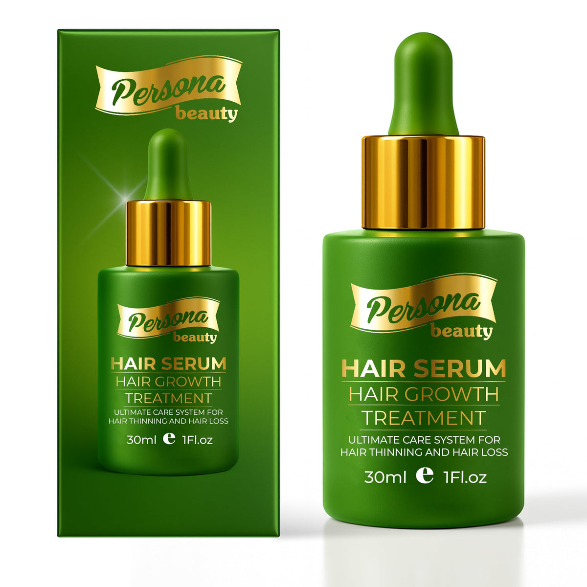 Persona Beauty Hair Growth Serum bottle shows the advanced biotin blend for stronger hair.