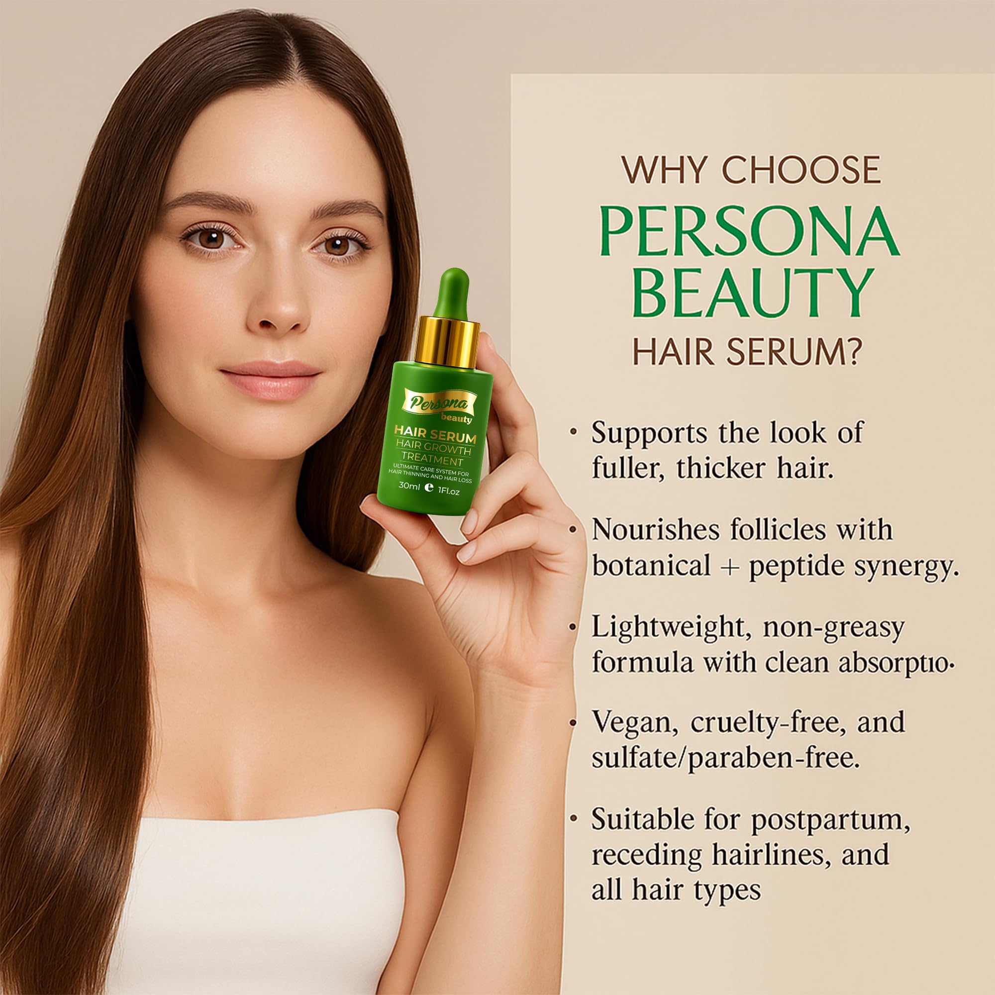 Persona Beauty Hair Growth Serum may improve hair texture and fullness over time.