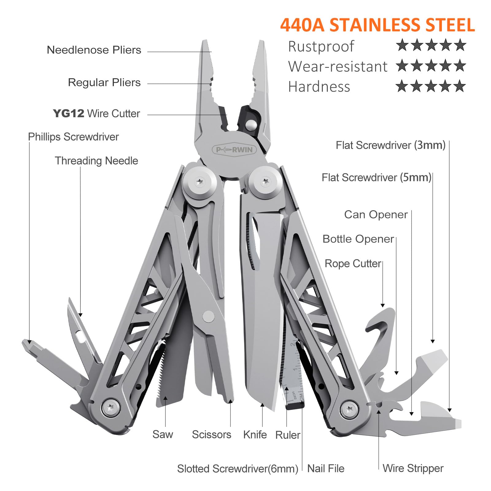 PERWIN multitool knife open demonstrating sharp blade for camping and DIY