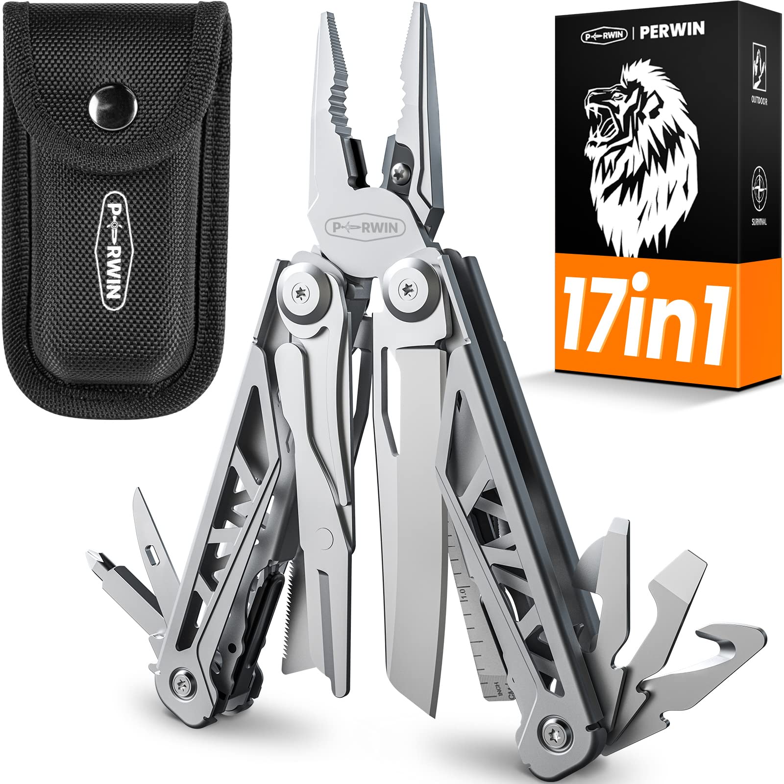 PERWIN 17-in-1 multitool pliers close-up showing versatile plier heads for tasks