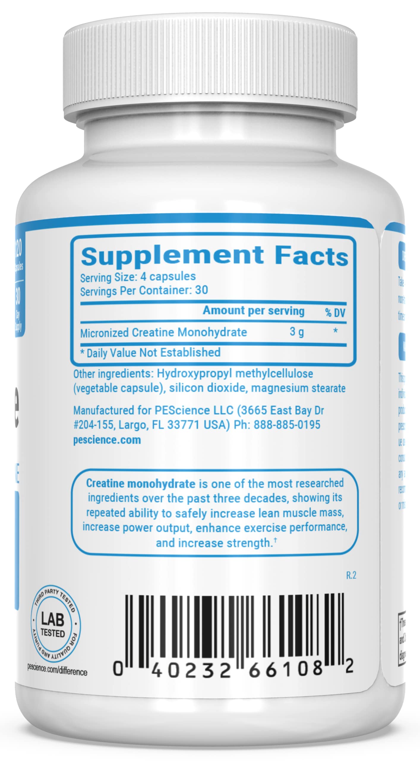 PEScience TruCreatine 3g per serving demonstrates straightforward dosing for performance.