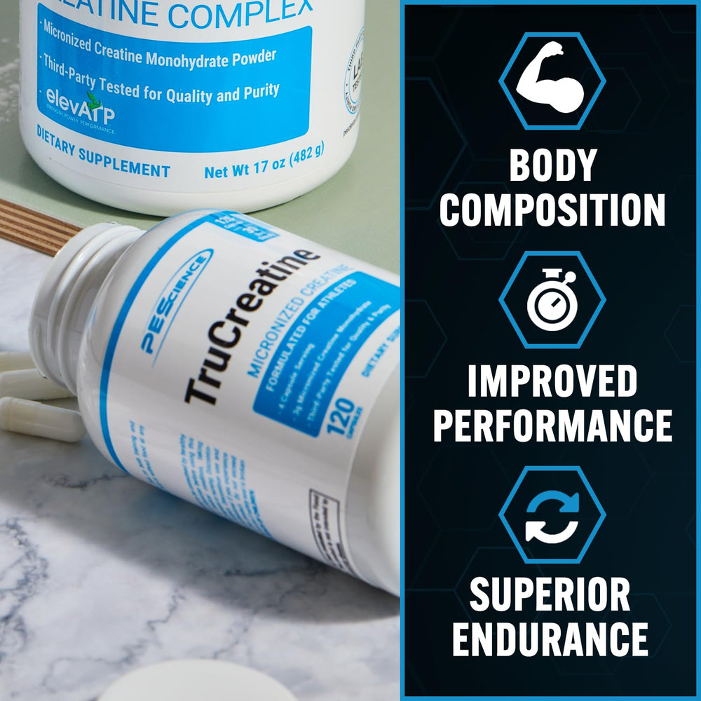 PEScience TruCreatine cap closeup emphasizing Creapure quality and dosing ease.