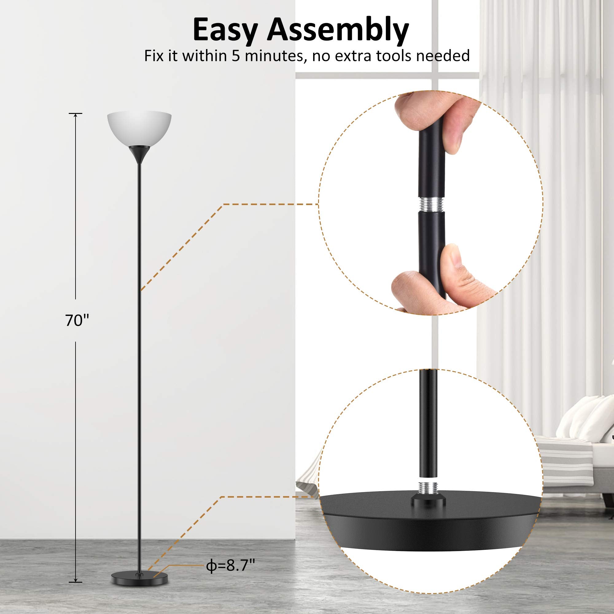 PESRAE torchiere fits neatly in a corner beside seating.