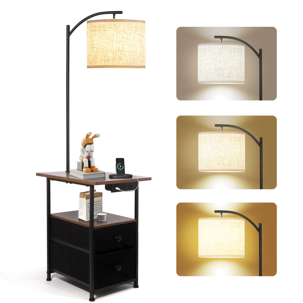 PESRAE floor lamp with table and drawers, compact bedside storage at hand.