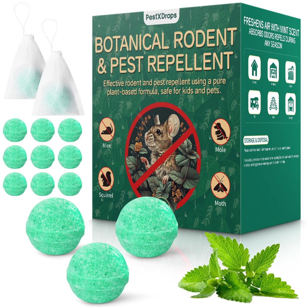 PestXDrops packaging with rodent moth balls for safe, effective pest deterrence at home