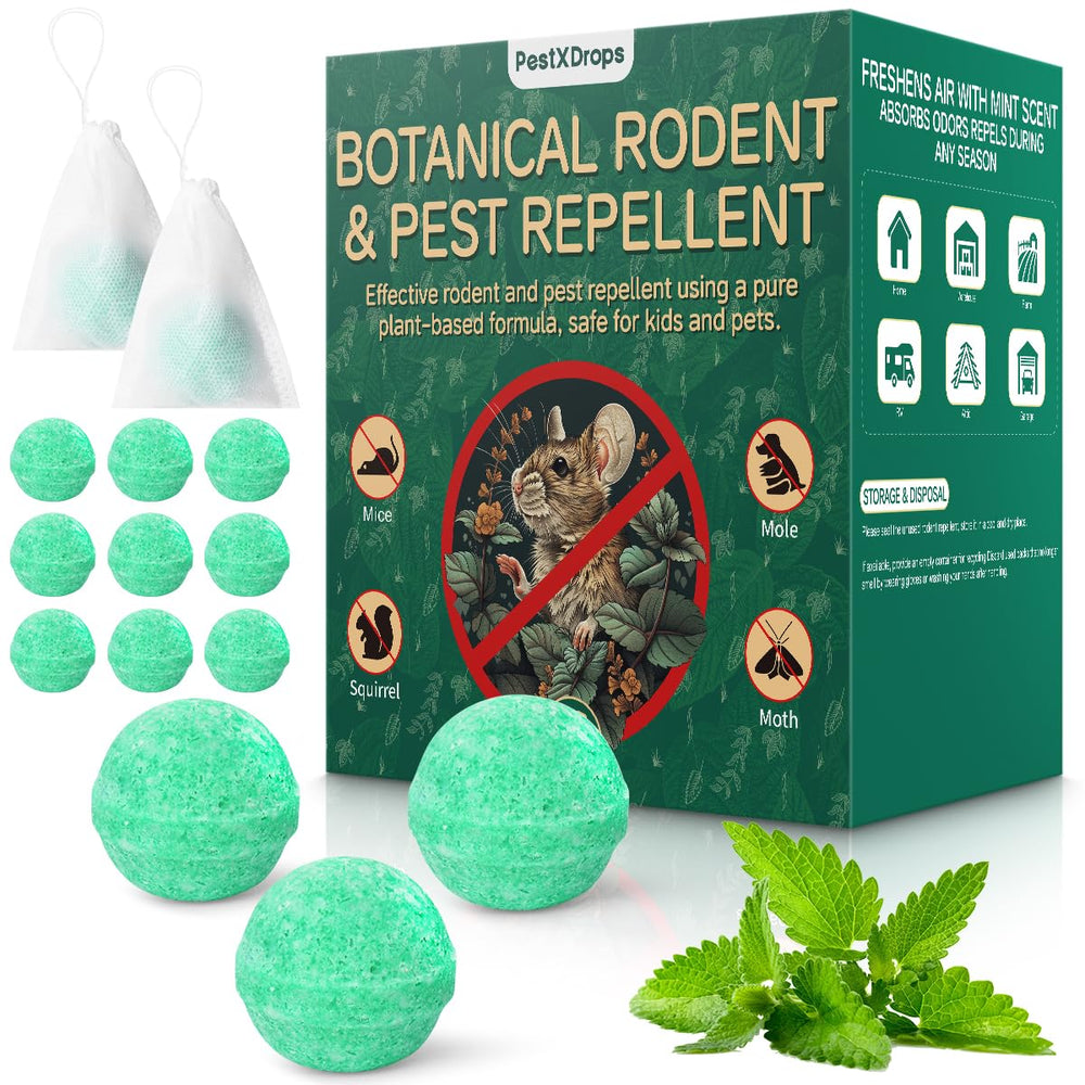 PestXDrops packaging with rodent moth balls for safe, effective pest deterrence at home