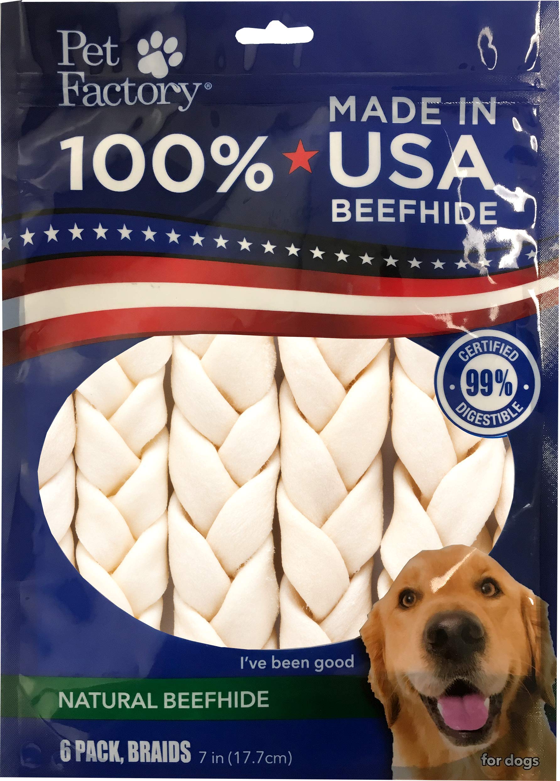 Pet Factory beefhide braid stick 7inch close-up showing thick, durable chew for medium dogs.