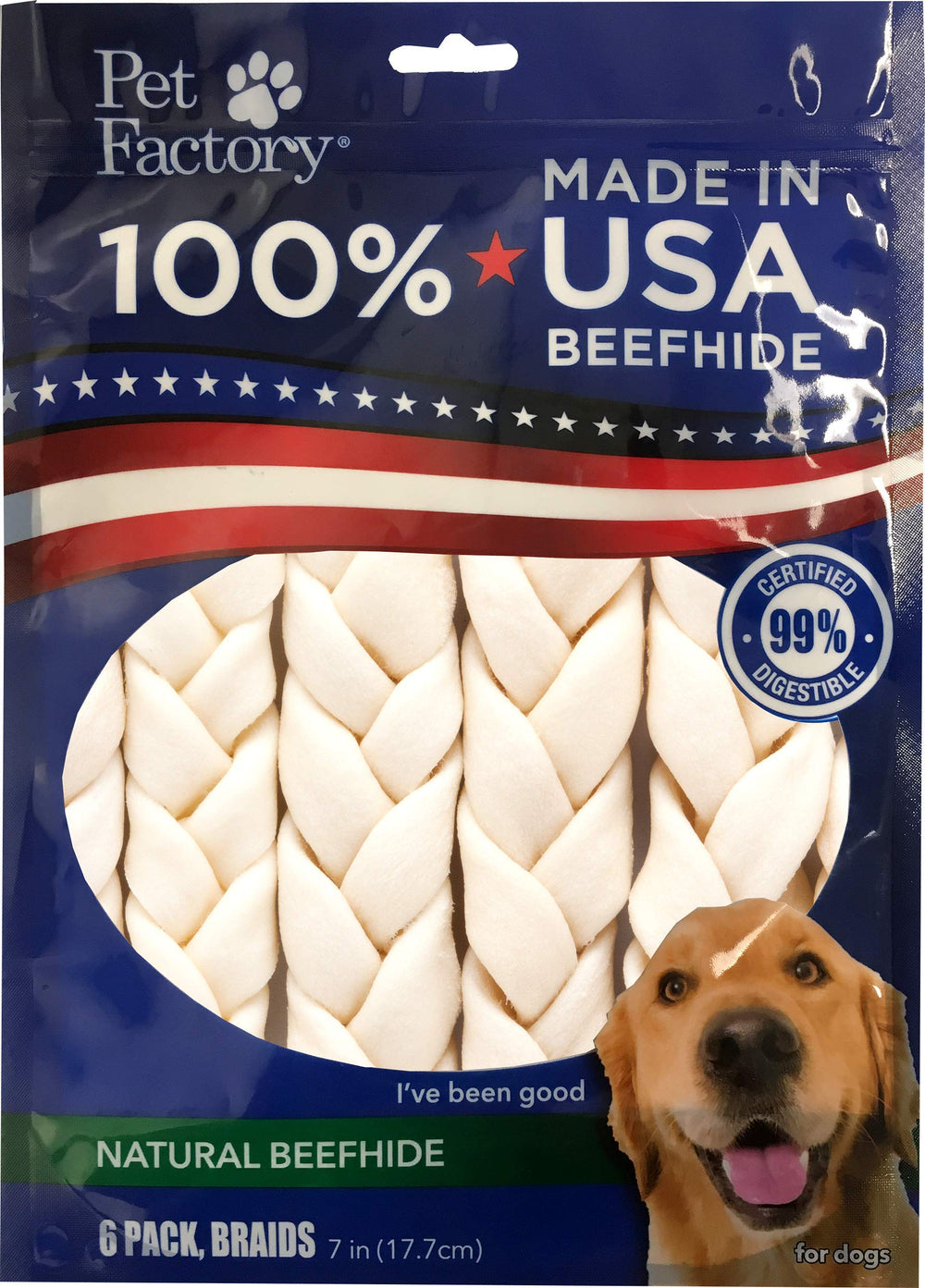 Pet Factory beefhide braid stick 7inch close-up showing thick, durable chew for medium dogs.