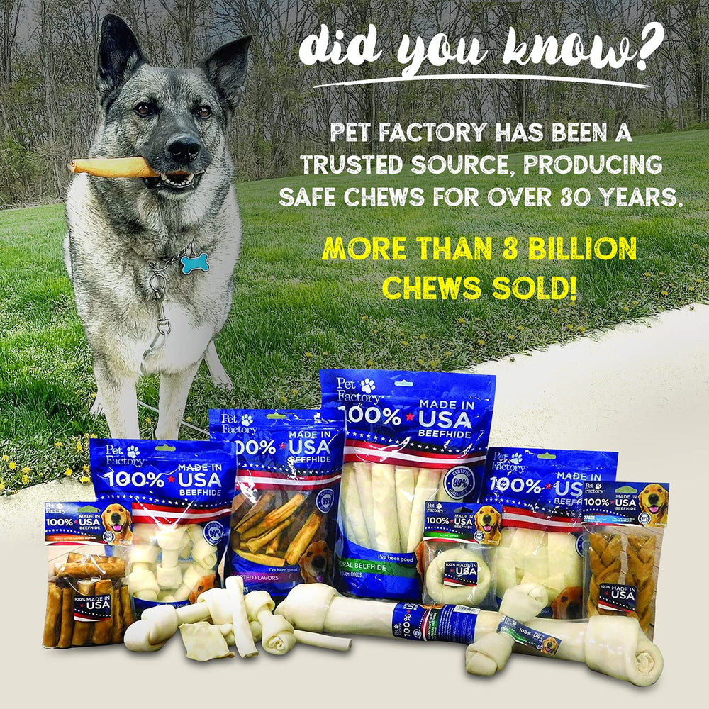 Pet Factory USA-sourced beefhide rawhide close-up emphasizes American-made safety and quality.