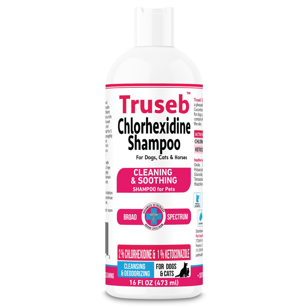 Packaging label with usage guidance for Truseb shampoo.