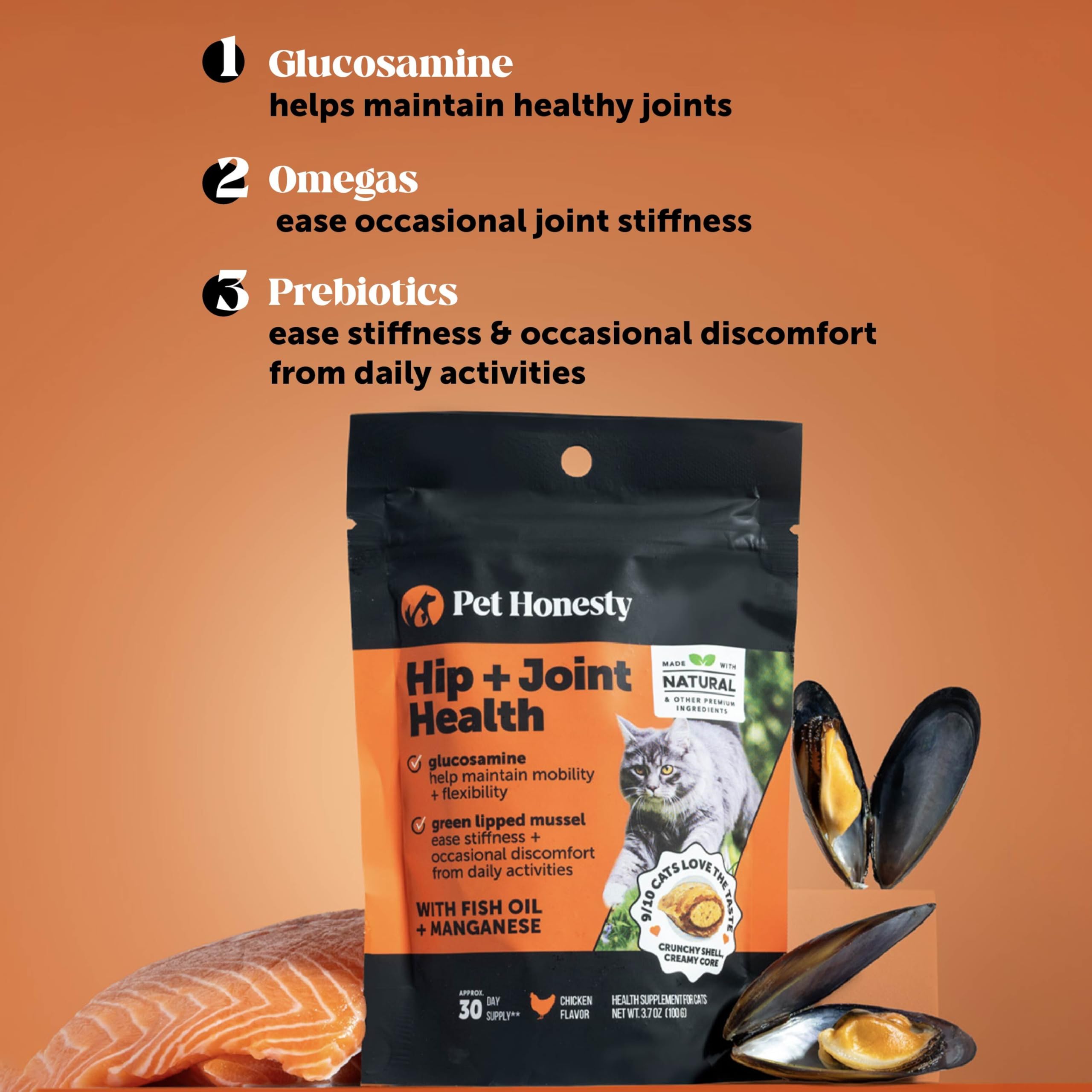 Pet Honesty blend featuring glucosamine and chondroitin supports joints.