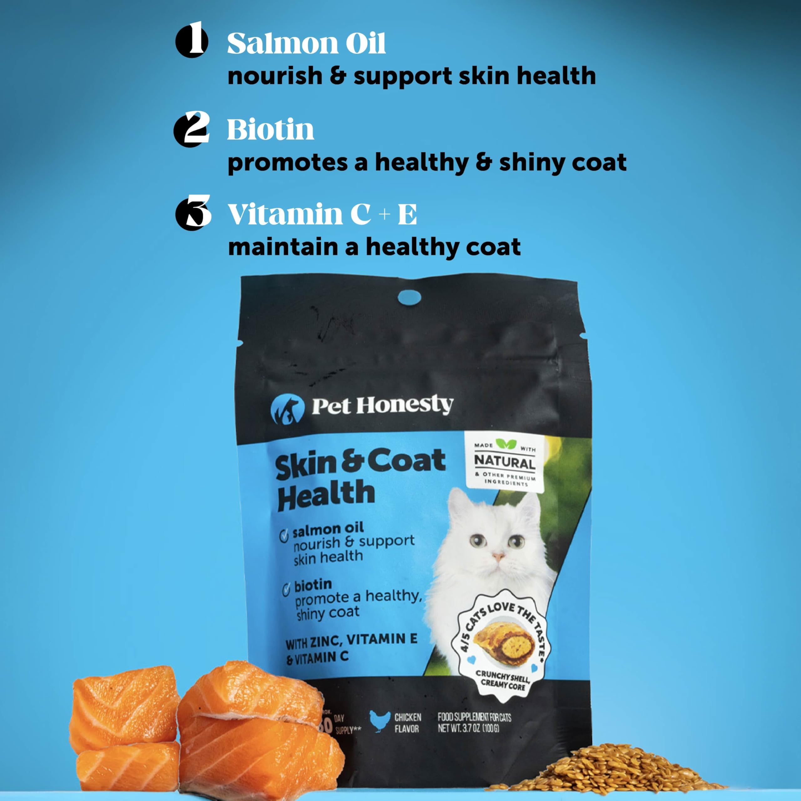 Pet Honesty Biotin in chews for shiny, healthy-looking cat coat.