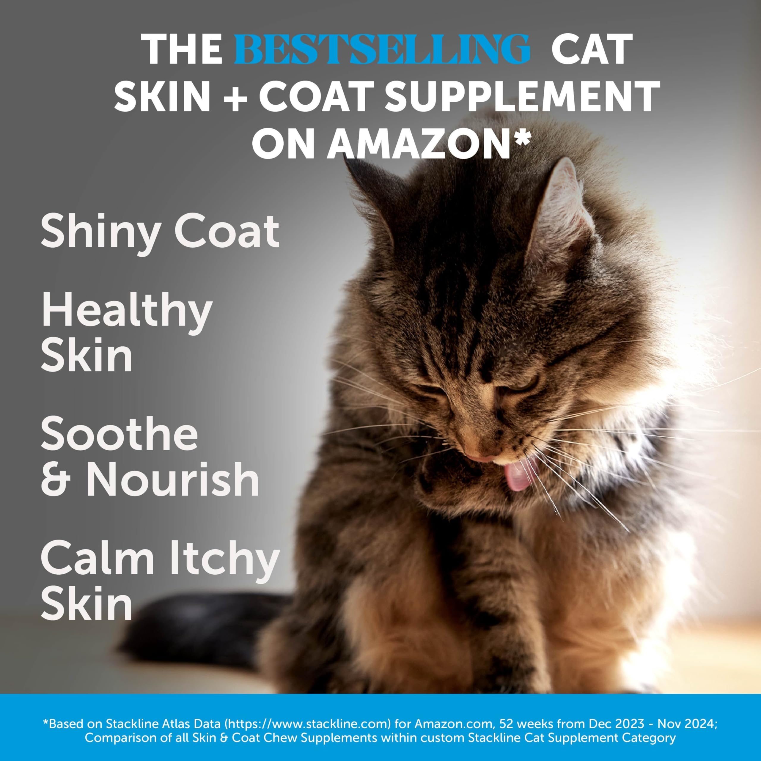 Pet Honesty Cat Skin & Coat Chews with omega-3 rich salmon oil for healthy coat.