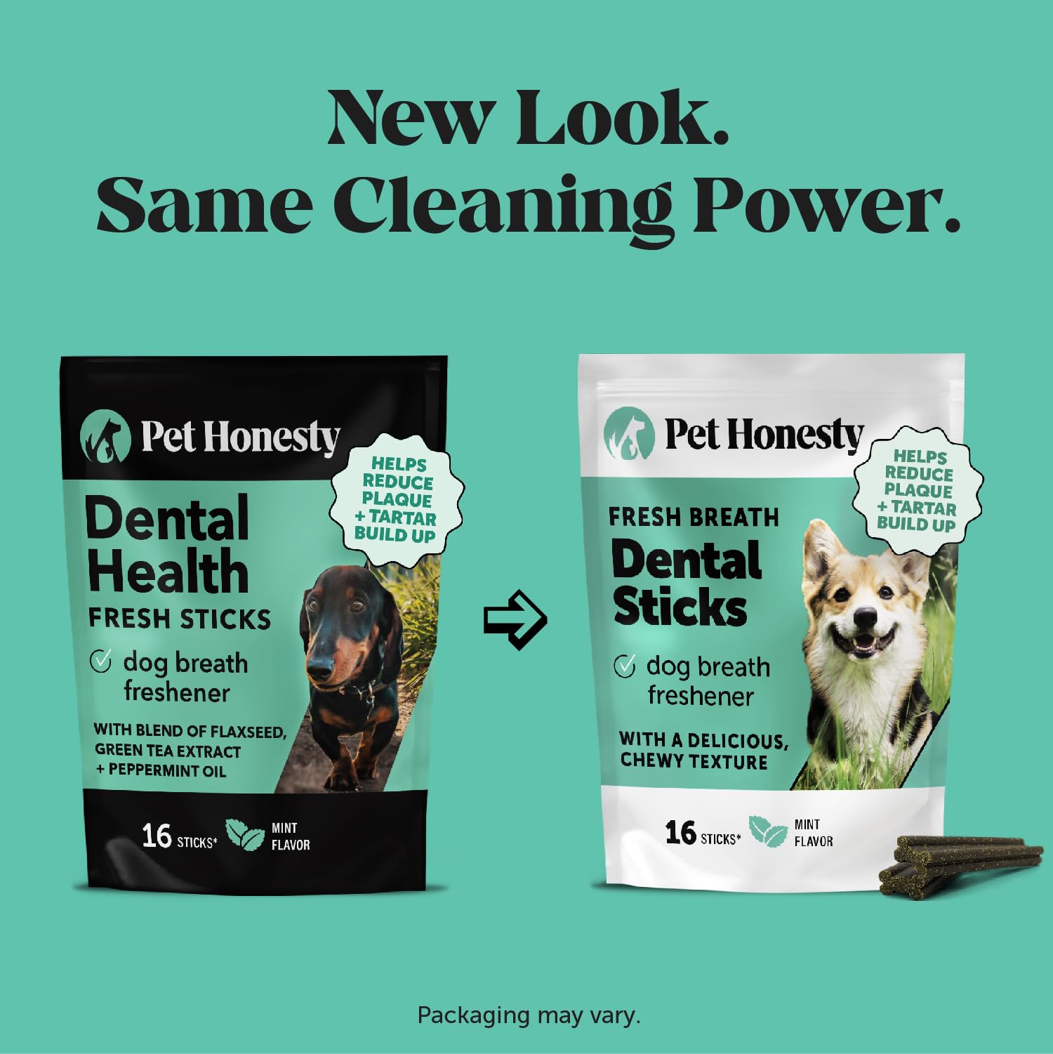 Pet Honest mint hint visible on sticks for fresh breath.
