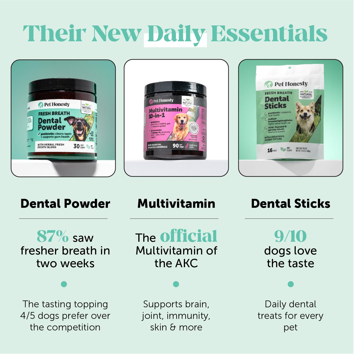 Pet Honest dental sticks ingredients mint parsley flaxseed shown.