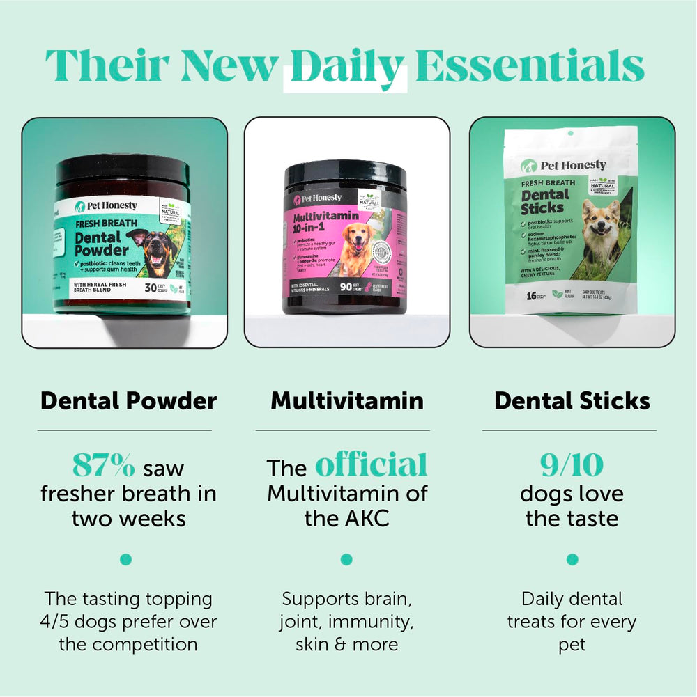 Pet Honest dental sticks ingredients mint parsley flaxseed shown.