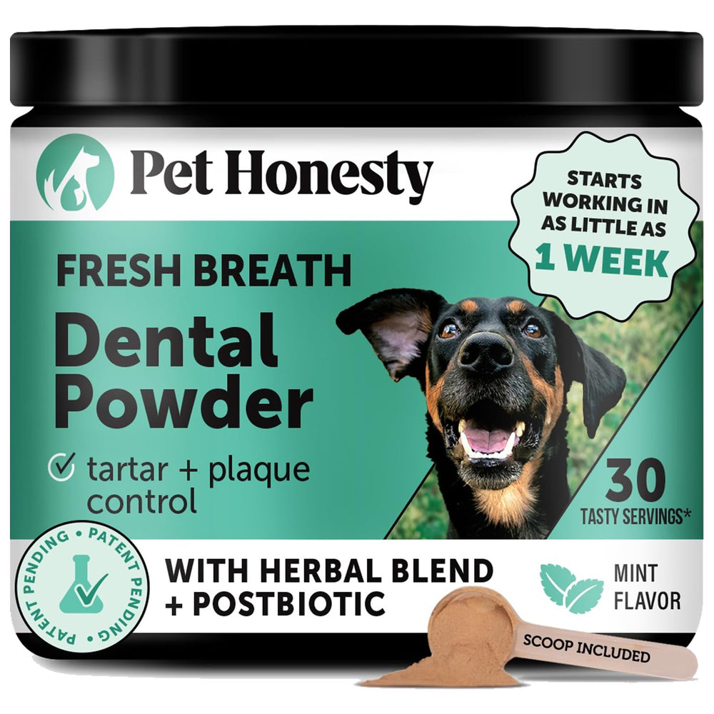 Pet Honesty dog breath freshener powder tub promotes convenient daily dental care.