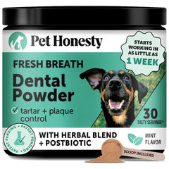 Pet Honesty dog breath freshener powder tub promotes convenient daily dental care.