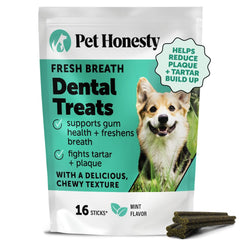 Pet Honest Fresh Breath Dental Sticks packaging suggests easy dental care.