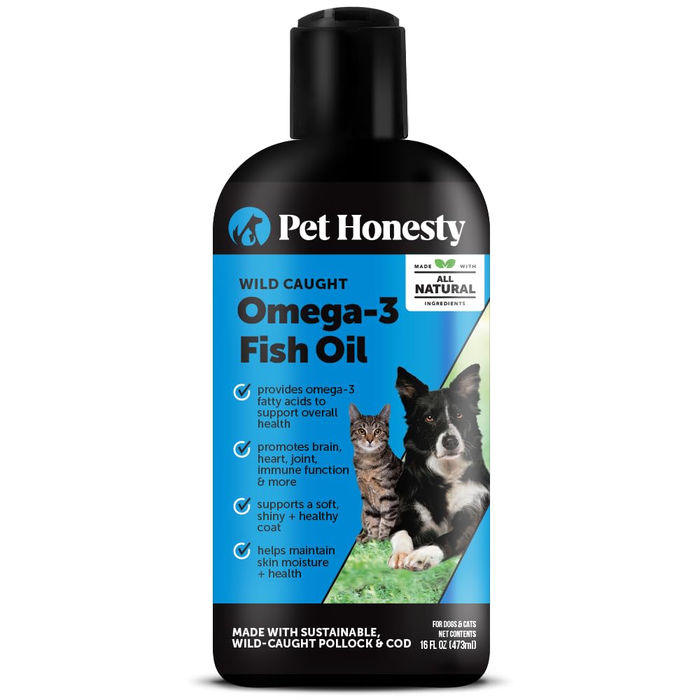 Pet Honesty Omega-3 for dogs bottle pour promotes healthy coat and skin.