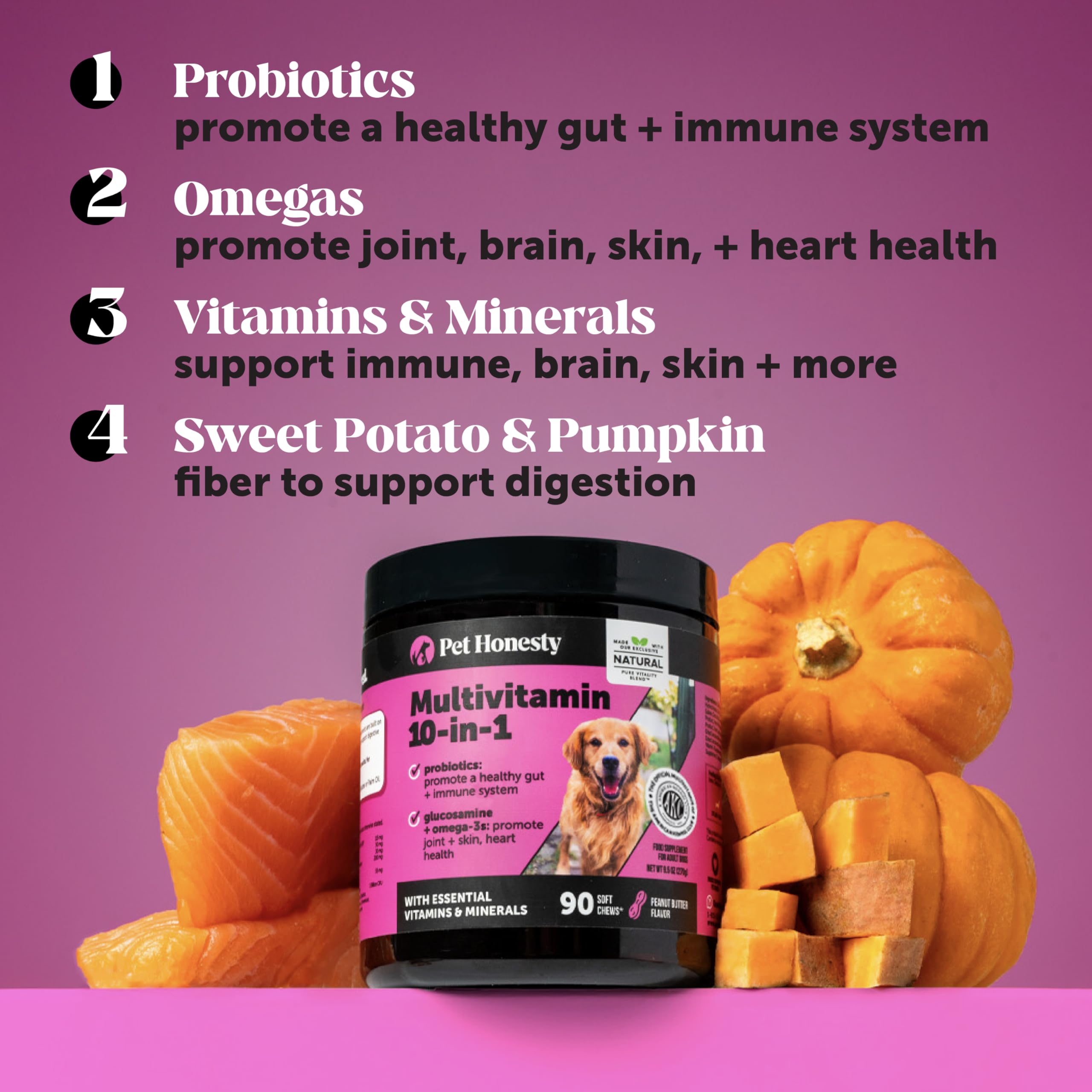 Pet Honesty probiotics and pumpkin support digestion in dogs.