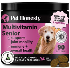 Pet Honesty Senior Dog Multivitamin bottle supports daily wellness for aging dogs.