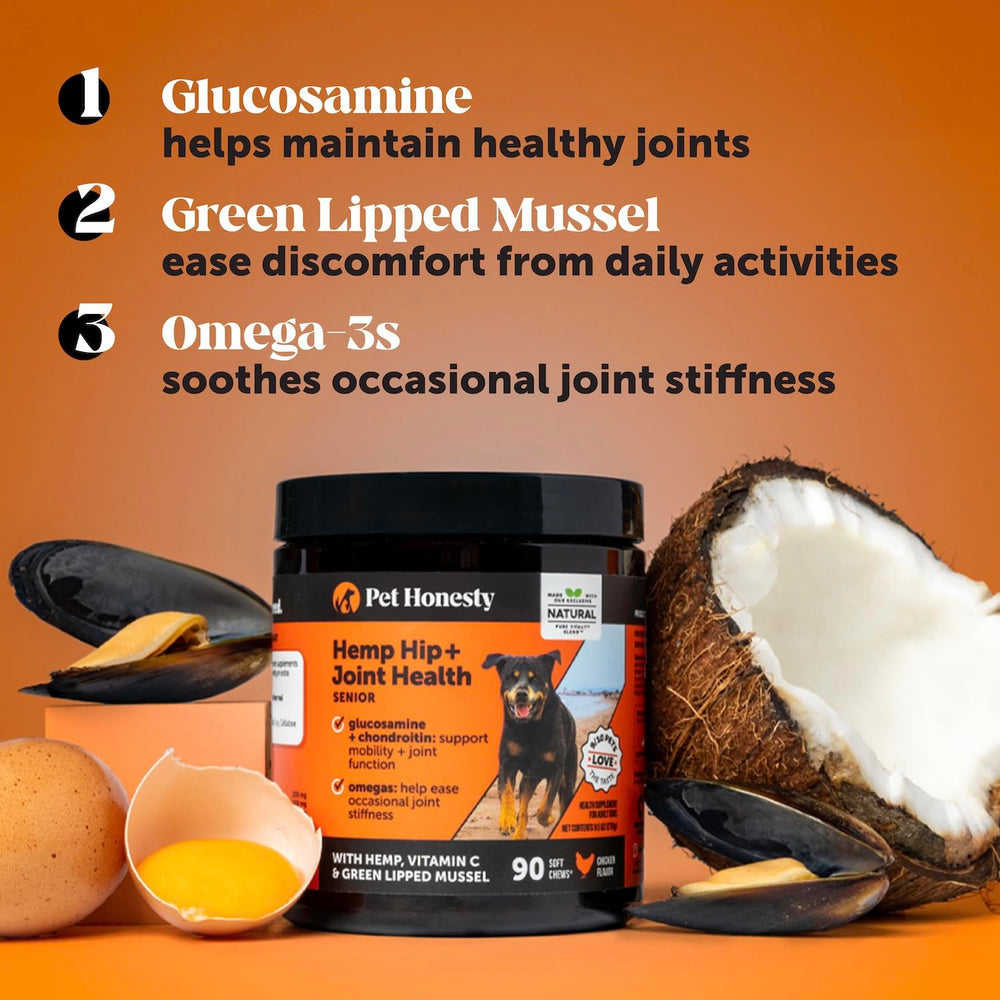 Pet Honesty Senior Hip Joint Chews ingredients-glucosamine-chondroitin-msm support joint health.